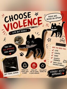 Black Cat Knife Enamel Pin "Choose Violence" Meme Cute But Deadly Kawaii Goth